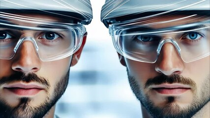 Two individuals with similar features wearing clear safety goggles and protective headgear, focused and looking directly at the viewer. - Powered by Adobe
