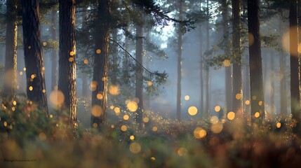 Soft morning light in a foggy pine woodland with floating orbs of light