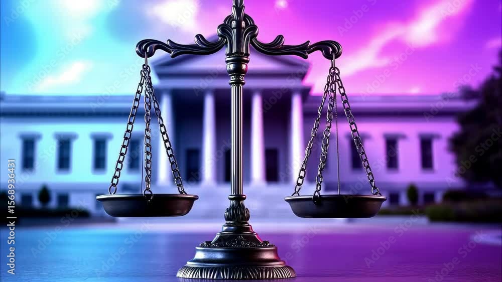 Poster A pair of balanced scales symbolizing justice, set against a backdrop of a courthouse.