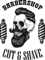 Barbershop. Illustration of bearded skull isolated on white background. Design element for barber shop poster, card, emblem, sign, label. Vector illustration