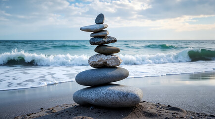 Fototapeta premium A balanced stack of smooth stones on a sandy beach with gentle waves rolling in. A symbol of peace, harmony, and coastal zen
