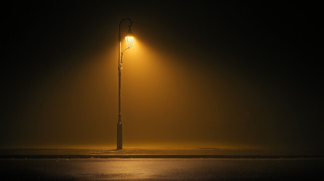 Lonely Streetlight on a Foggy Night: A single, old-fashioned streetlight casting a warm, yellow glow on a dark, misty street.