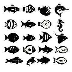 A collection of diverse and stylized black and white fish illustrations, perfect for aquatic or marine-themed design projects and educational materials.