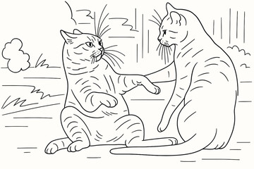 Two playful tabby cats interact outdoors in a charming line drawing, showcasing their playful nature and feline bond in a simple yet expressive sketch.