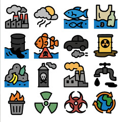 A set of vector icons depicting various forms of pollution, including air, water, and land contamination, highlighting environmental concerns and industrial impact in a modern style.