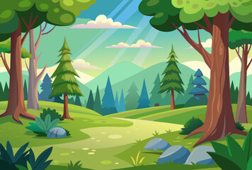 Fototapeta premium Tranquil Forest Landscape. Serene Path Through Lush Greenery and Majestic Mountains
