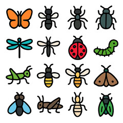 A vibrant collection of stylized insect icons, featuring butterflies, bees, ants, beetles, and more, presented on a clean white background. © uehara