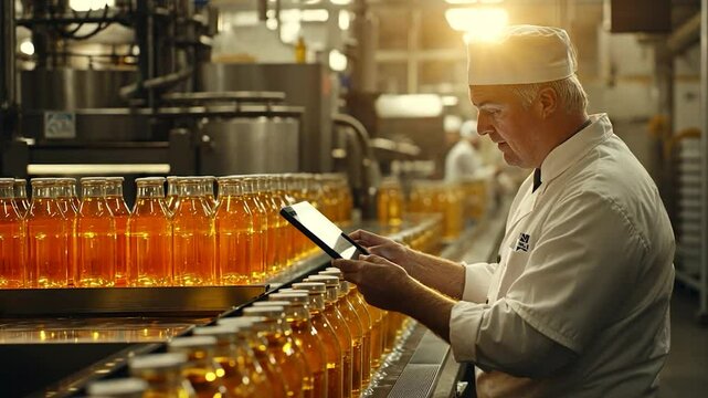 A worker in a food processing plant uses a tablet to monitor a juice bottling line