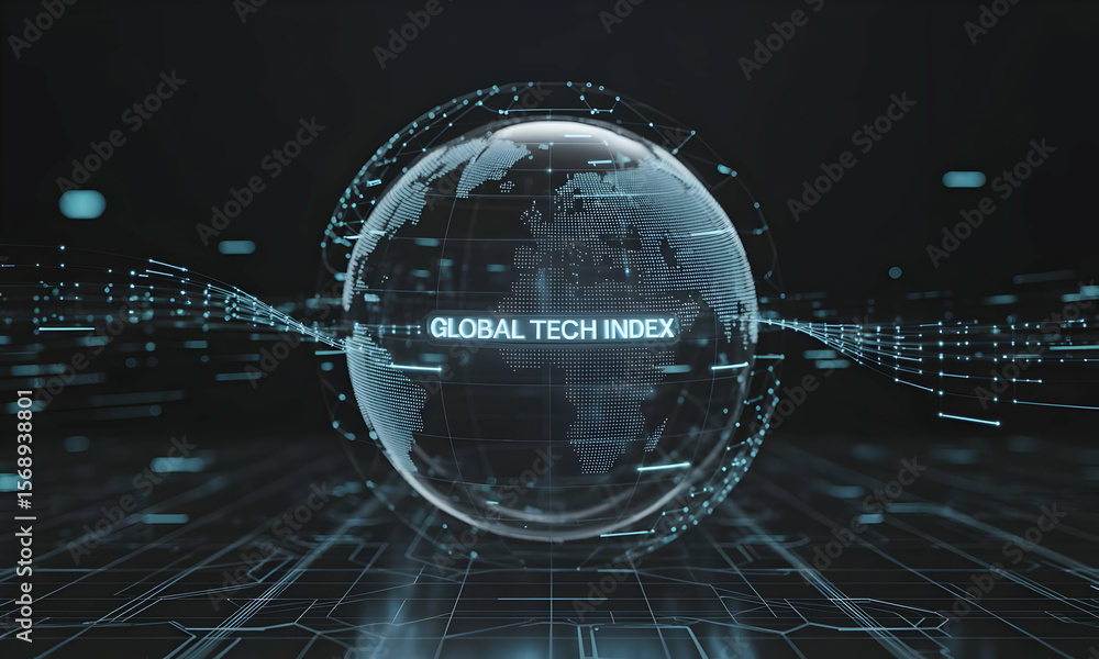 Poster digital earth globe displays index data, lit tech background, analyzing global tech trends. stock ph
