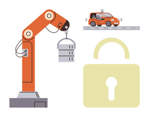 Robotic arm lifting a container, smart car with sensor waves, and a large padlock. Ideal for automation, technology, cybersecurity, innovation, AI IoT and data protection. Simple flat metaphor