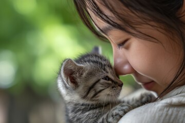 Tender moment between Japanese person and gray tabby kitten, gentle nose touch, outdoor natural light, soft expression, emotional bond, pet companionship, serenity, love, and animal welfare connection