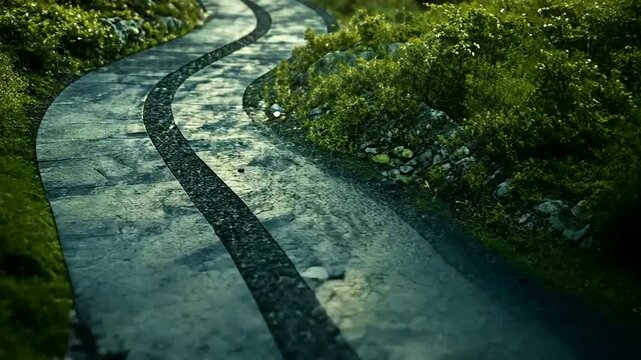 Serpentine pathway in a lush garden, curving stone walkway bordered by greenery, peaceful scenery