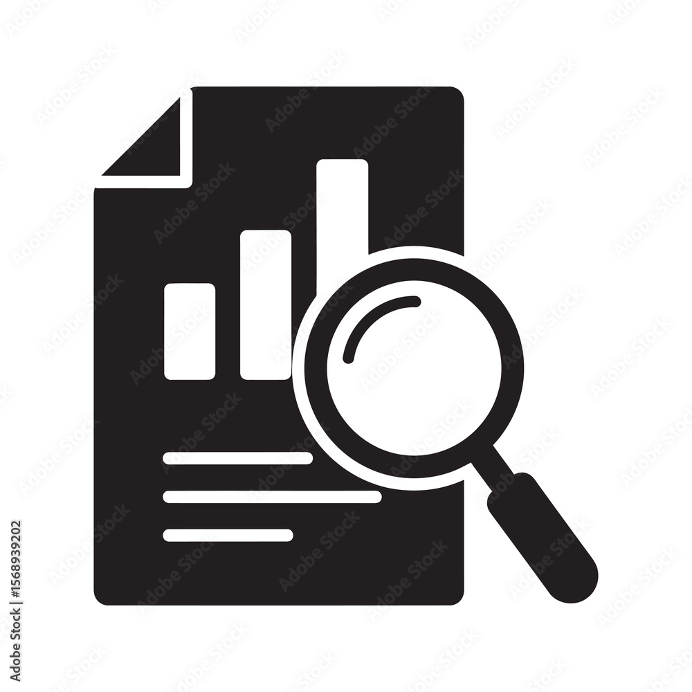 Poster business intelligence report solid glyph icon with bar chart and magnifying glass for data analysis 