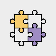 Fototapeta premium Four Piece Pastel Jigsaw Puzzle Icon Vector Graphic Illustration Yellow White Purple Pieces Interlocking Teamwork Collaboration Solution Problem Solving Concept Minimalist Design