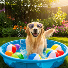 dog cools off in water with colorful balls. puppy in the pool. A little dog wearing sunglasses enjoys kiddie pool, backyard fun on a summer day. 