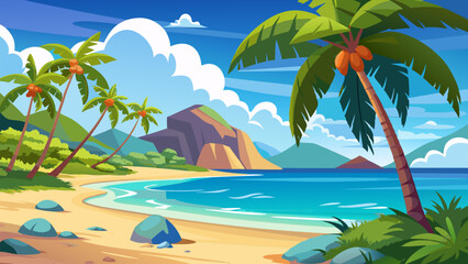 Serene Tropical Beach Landscape. Palm Trees. Ocean. and Sandy Shores