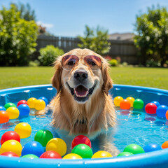 dog cools off in water with colorful balls. puppy in the pool. A little dog wearing sunglasses enjoys kiddie pool, backyard fun on a summer day. 
