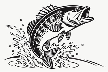 Leaping Bass Fish Illustration – Black and White Detail