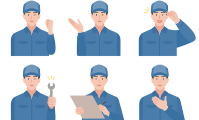 青い作業着の男性の上半身