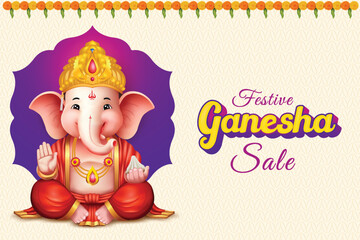 Lord Ganesha Sitting Purple And Ivory Color Background With Flower Border. Ganesha Chaturthi Festival Sale Celebration For Greeting Card, Invitation, E-commerce Banners.