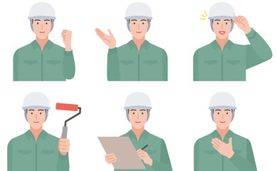 ヘルメットかぶった作業服の男性のイラストセット