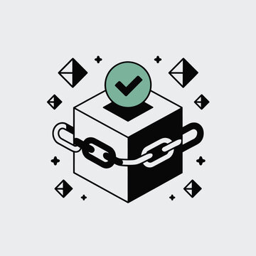 Isometric Illustration of a Black and White Cube Secured by a Chain Link with a Green Checkmark Icon on Top Surrounded by Small Geometric Shapes on a Light Gray Background