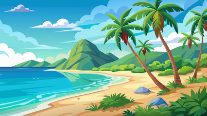 Serene Tropical Beach. Palm Trees. Ocean. and Sandy Shores