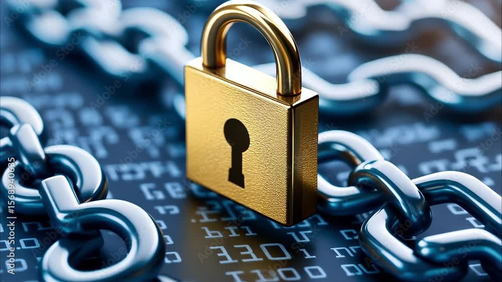Poster a golden padlock on a chain, symbolizing security and protection, with a digital background featurin