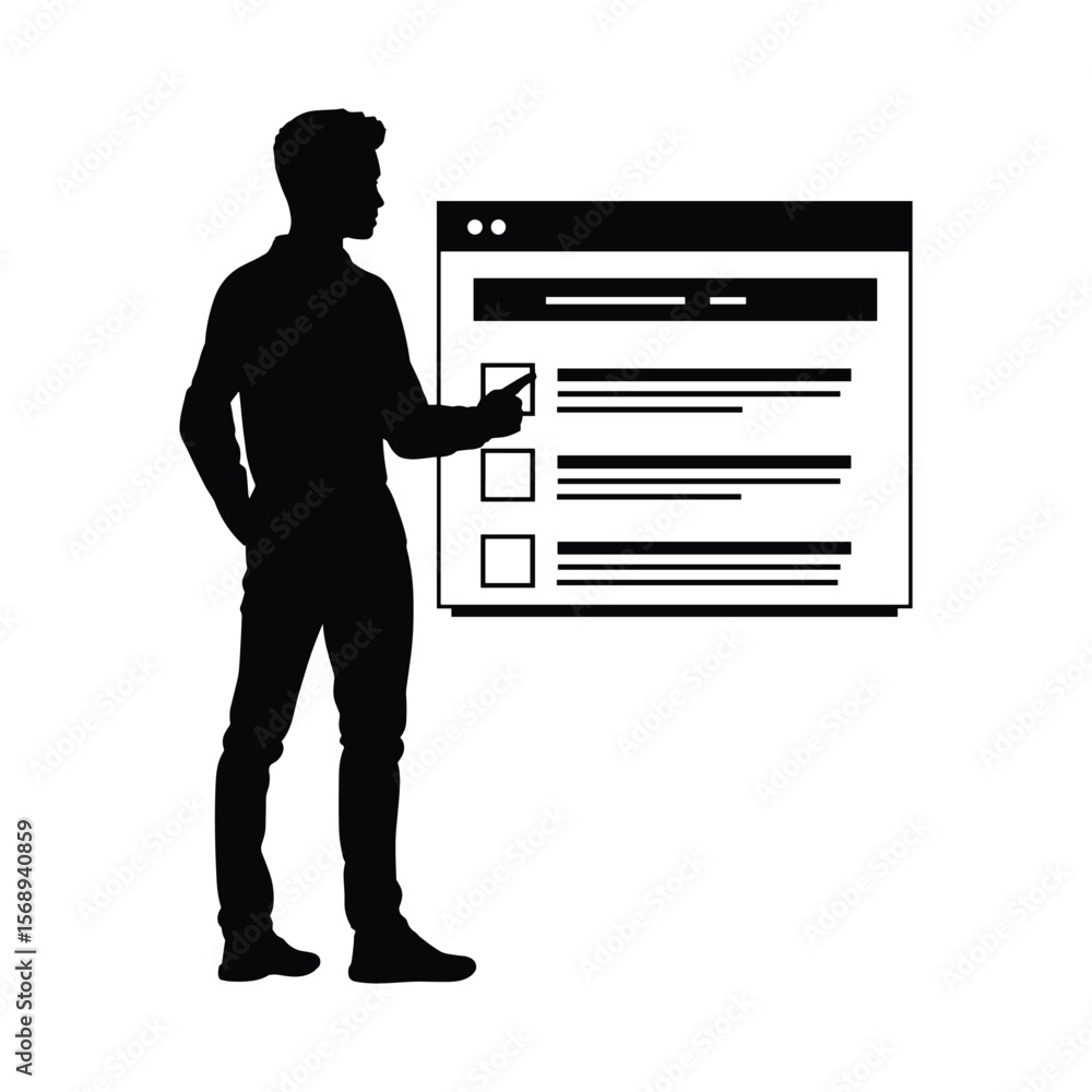 Poster silhouette of man checking online form on screen