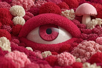 Close up eye with pink iris surrounded by abstract red and pink textured shapes and a small pink mushroom