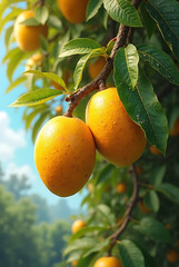 Close up view of ripe yellow peaches hanging on a tree branch on a sunny summer day.