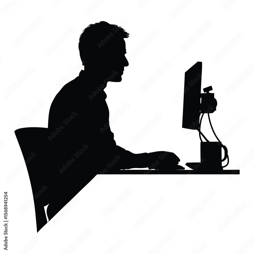 Poster silhouette of man using desktop computer
