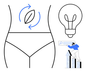 Female body outline with eco leaf, arrow, lightbulb, and man exploring growth bar chart for trends. Ideal for wellness, eco awareness, innovation, growth creativity research health. Simple flat
