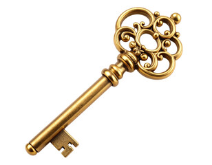 Decorative Antique Gold Key with Floral Patterns  White Background PNG