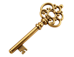 Decorative Antique Gold Key with Floral Patterns  White Background PNG