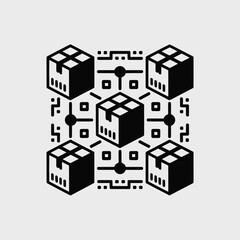 Fototapeta premium Isometric Vector Illustration of Five Black Packages Connected by a Network of Green and Black Lines and Nodes Representing a Supply Chain or Logistics System