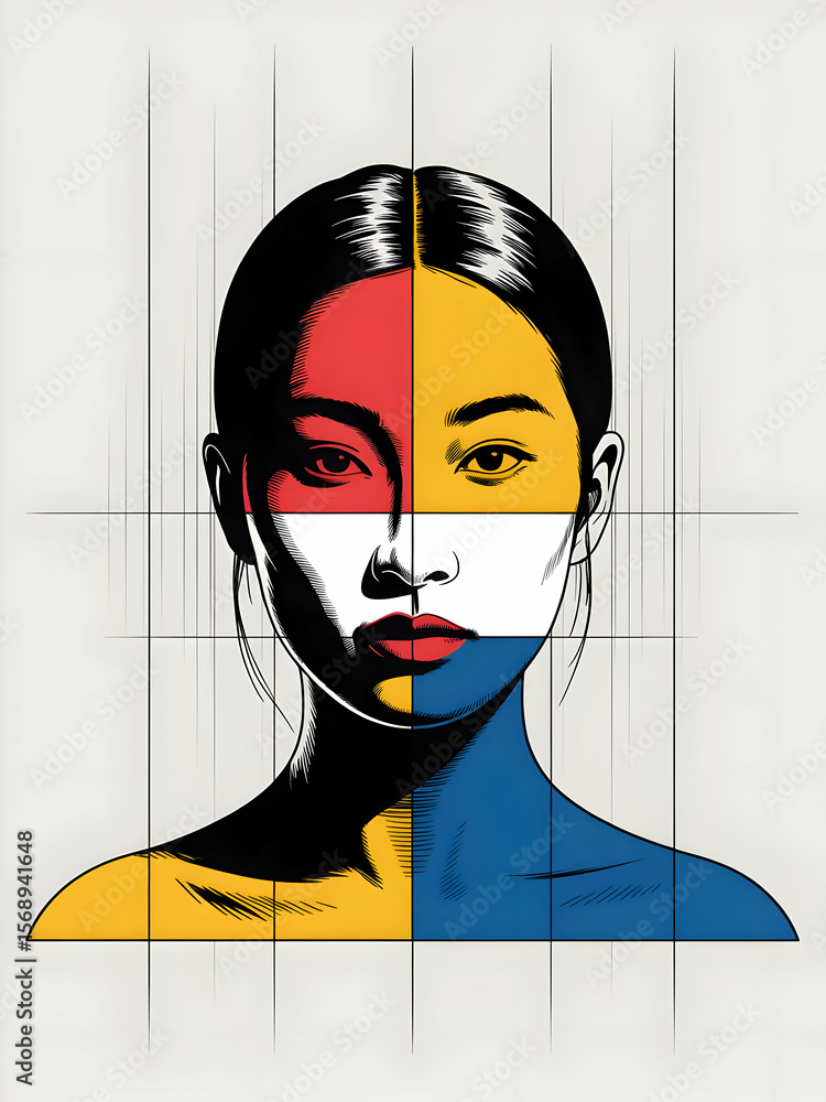Poster abstract geometric portraiture capturing duality through bold color blocking and stark contrasts