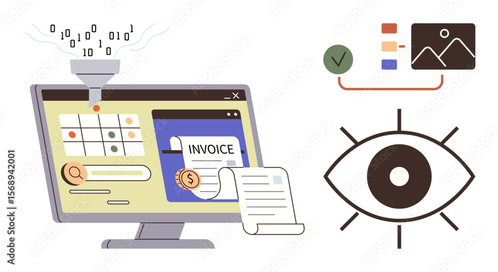 Poster computer screen processing data, generating invoices, analyzing visual charts, and representing insi