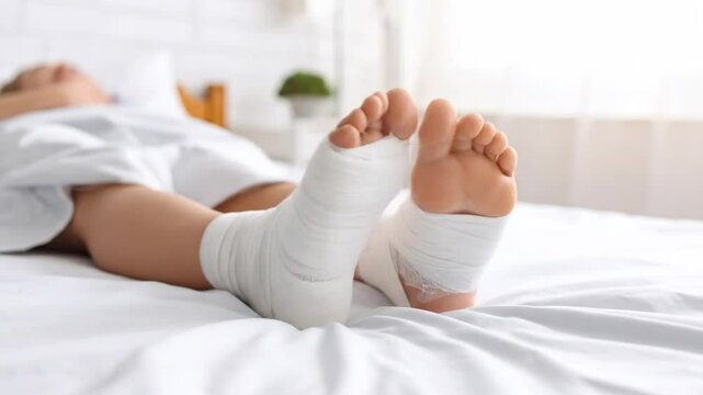 Recovery and Healing: Close-up of Injured Feet Wrapped in Bandages on White Bedding