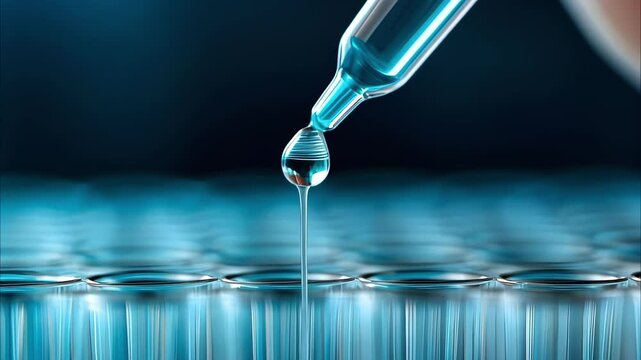 A dropper releasing a droplet of liquid above a surface of small containers, creating a focused and scientific atmosphere.