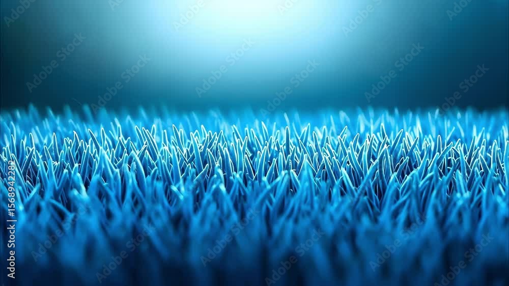 Poster a close-up view of blue, grass-like structures creating a textured surface under soft lighting.