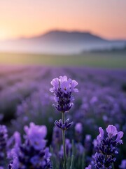 Fototapeta premium Lavender Fields at Sunrise with Mountains