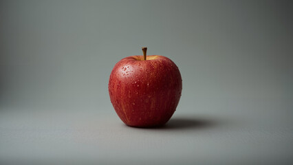 Mesmerizing and Highly Detailed Cinematic Photograph of a Fresh Red Apple Covered in Dew Drops, Isolated on a Soft Grey Background, Perfect for Healthy Food Concepts