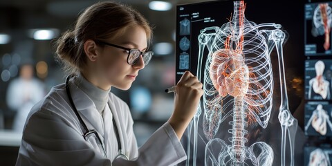 career development medical concept. Medical professional analyzing digital anatomy display.