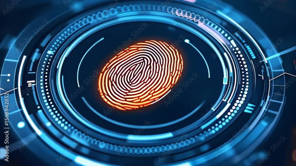 Poster a digital fingerprint surrounded by futuristic graphic elements, symbolizing identity verification a