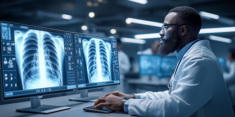 career development medical concept. Medical professional analyzing lung images on monitors.