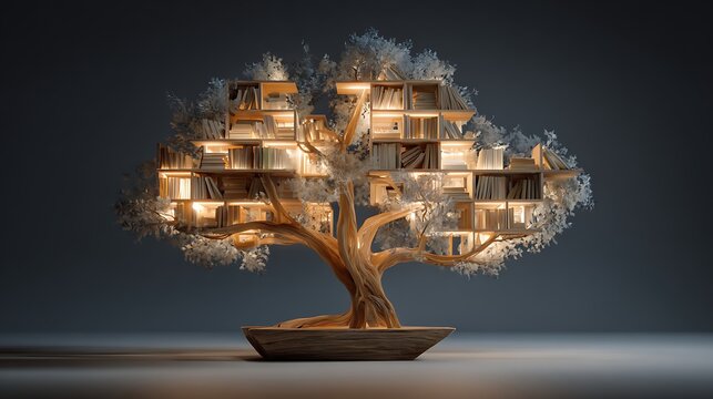 Bookshelf shaped like a tree glowing with books as leaves