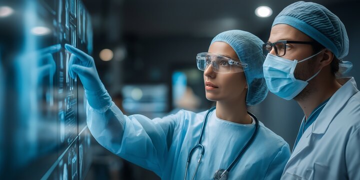 career development medical concept. Medical professionals analyzing data on digital screens.