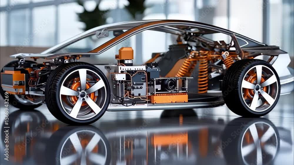Poster a futuristic car model showing a transparent design that highlights its internal components and tech