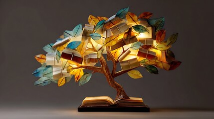 A glowing tree shaped bookshelf featuring books as leaves